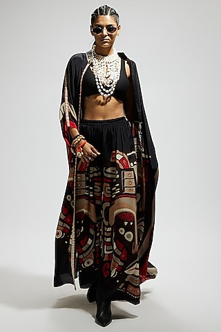 Black Crepe Front Open Kaftan Set by SVA BY SONAM & PARAS MODI