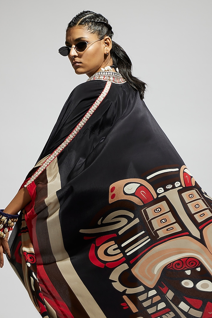 Black Crepe Front Open Kaftan Set by SVA BY SONAM & PARAS MODI at Pernia's Pop Up Shop