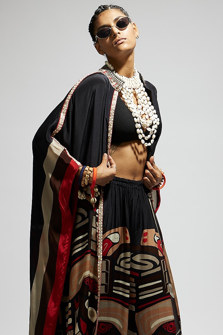 Black Crepe Front Open Kaftan Set by SVA BY SONAM & PARAS MODI at Pernia's Pop Up Shop