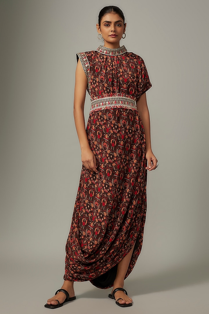 Grey Crepe Leaf Jaal Printed Draped Dress With Belt by SVA BY SONAM & PARAS MODI at Pernia's Pop Up Shop