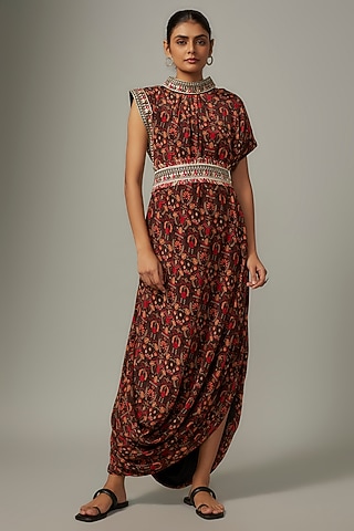 Grey Crepe Leaf Jaal Printed Draped Dress With Belt by SVA BY SONAM & PARAS MODI