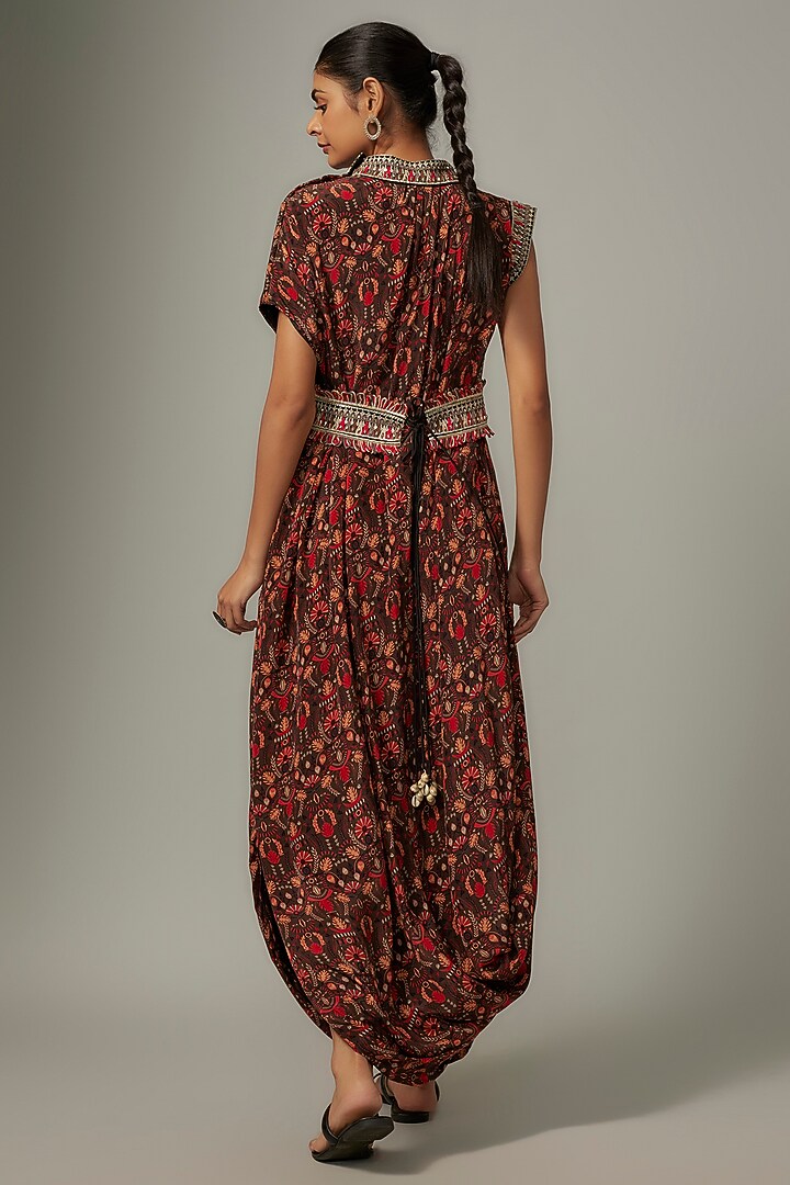 Grey Crepe Leaf Jaal Printed Draped Cocktail Dress With Belt by SVA BY SONAM & PARAS MODI at Pernia's Pop Up Shop