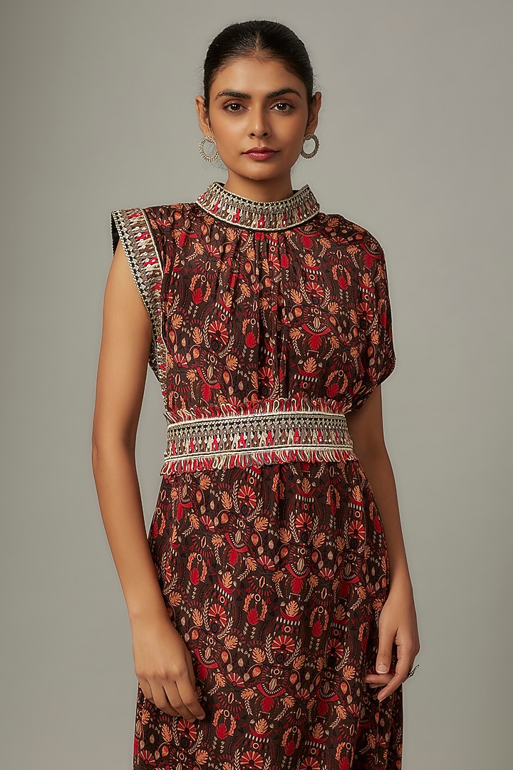Grey Crepe Leaf Jaal Printed Draped Cocktail Dress With Belt by SVA BY SONAM & PARAS MODI at Pernia's Pop Up Shop