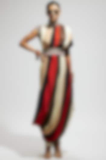 Orange Crepe Stripe Printed Cowl Draped Dress With Belt by Sva By Sonam & Paras Modi at Pernia's Pop Up Shop