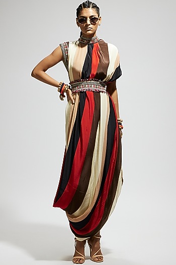 Orange Crepe Stripe Printed Cowl Draped Cocktail Dress With Belt by SVA BY SONAM & PARAS MODI at Pernia's Pop Up Shop