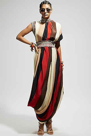 Orange Crepe Stripe Printed Cowl Draped Dress With Belt by SVA BY SONAM & PARAS MODI