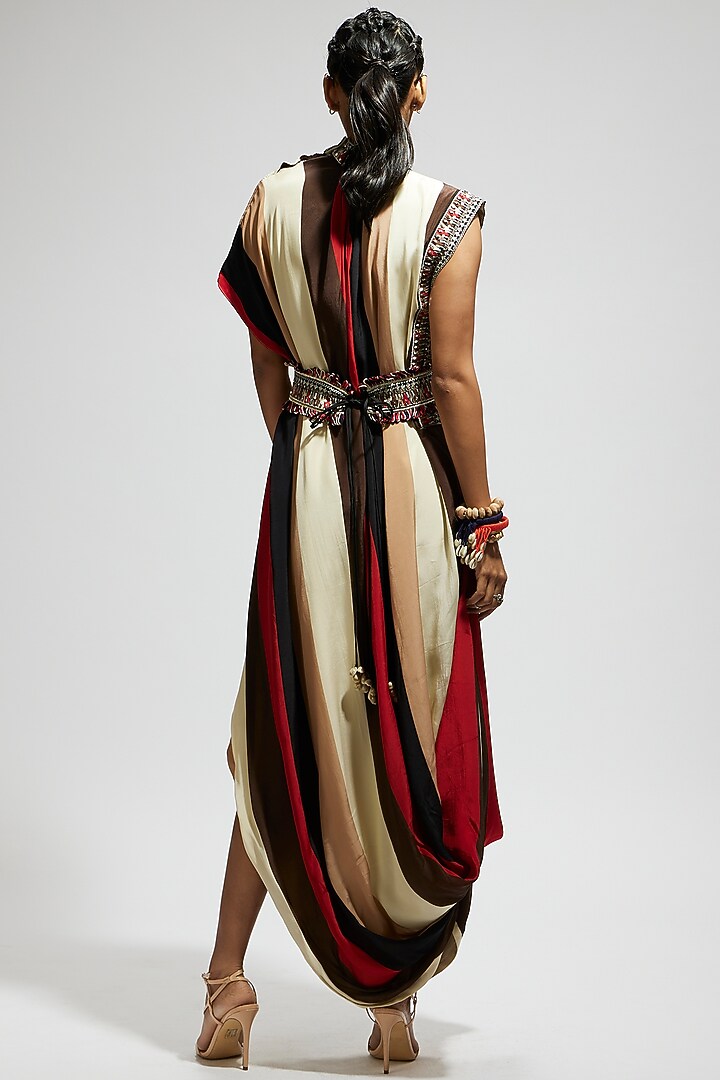 Orange Crepe Stripe Printed Cowl Draped Cocktail Dress With Belt by SVA BY SONAM & PARAS MODI at Pernia's Pop Up Shop