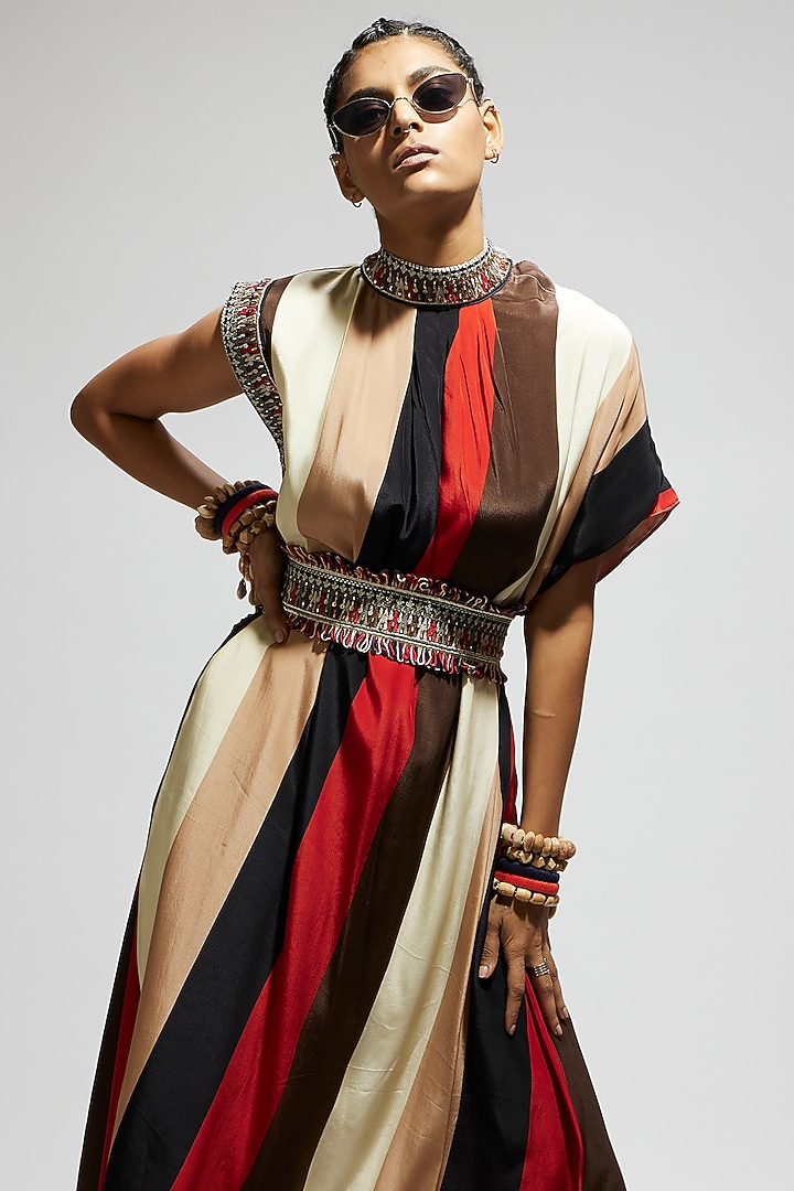 Orange Crepe Stripe Printed Cowl Draped Cocktail Dress With Belt by SVA BY SONAM & PARAS MODI at Pernia's Pop Up Shop