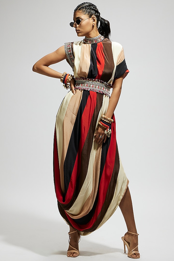 Orange Crepe Stripe Printed Cowl Draped Cocktail Dress With Belt by SVA BY SONAM & PARAS MODI at Pernia's Pop Up Shop