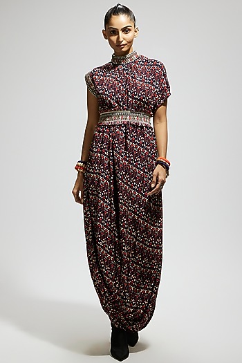 Blue Crepe Printed Cowl Draped Cocktail Dress With Belt by SVA BY SONAM & PARAS MODI at Pernia's Pop Up Shop