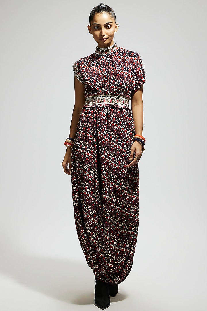 Blue Crepe Printed Cowl Draped Cocktail Dress With Belt by SVA BY SONAM & PARAS MODI at Pernia's Pop Up Shop