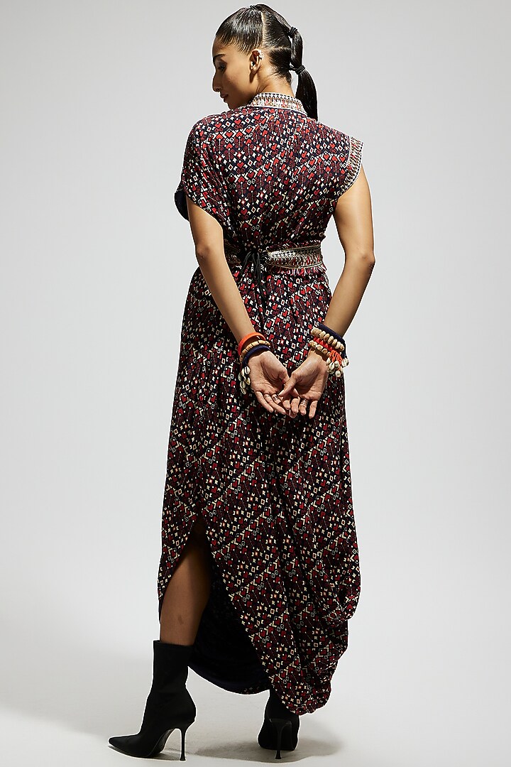 Blue Crepe Printed Cowl Draped Cocktail Dress With Belt by SVA BY SONAM & PARAS MODI at Pernia's Pop Up Shop