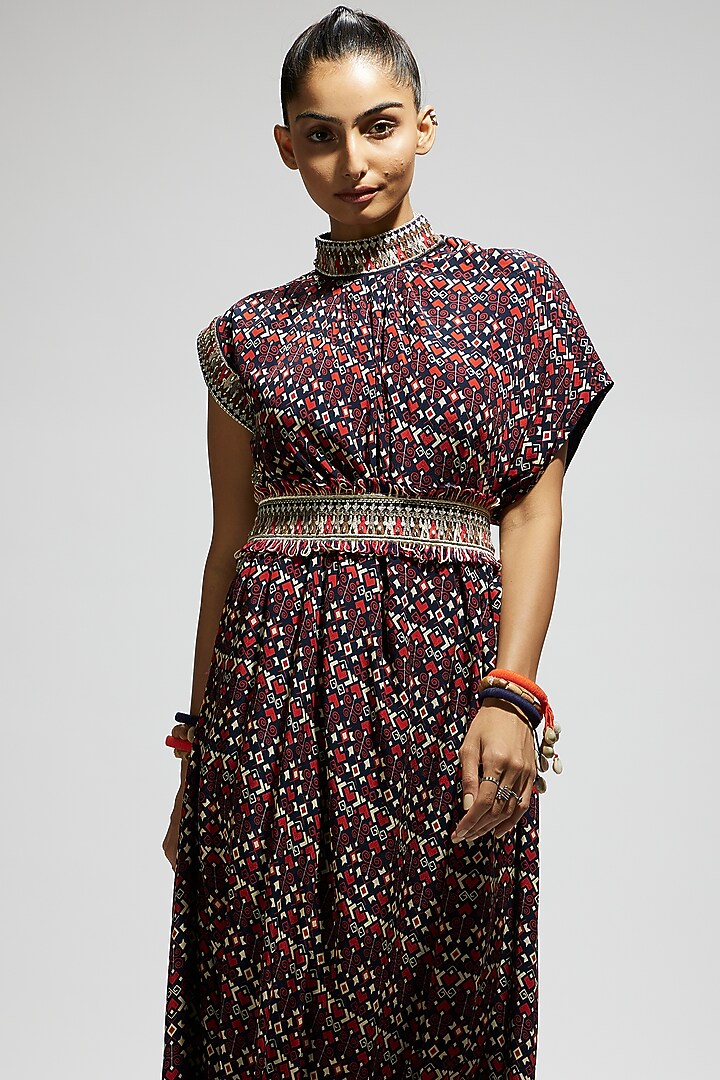 Blue Crepe Printed Cowl Draped Cocktail Dress With Belt by SVA BY SONAM & PARAS MODI at Pernia's Pop Up Shop