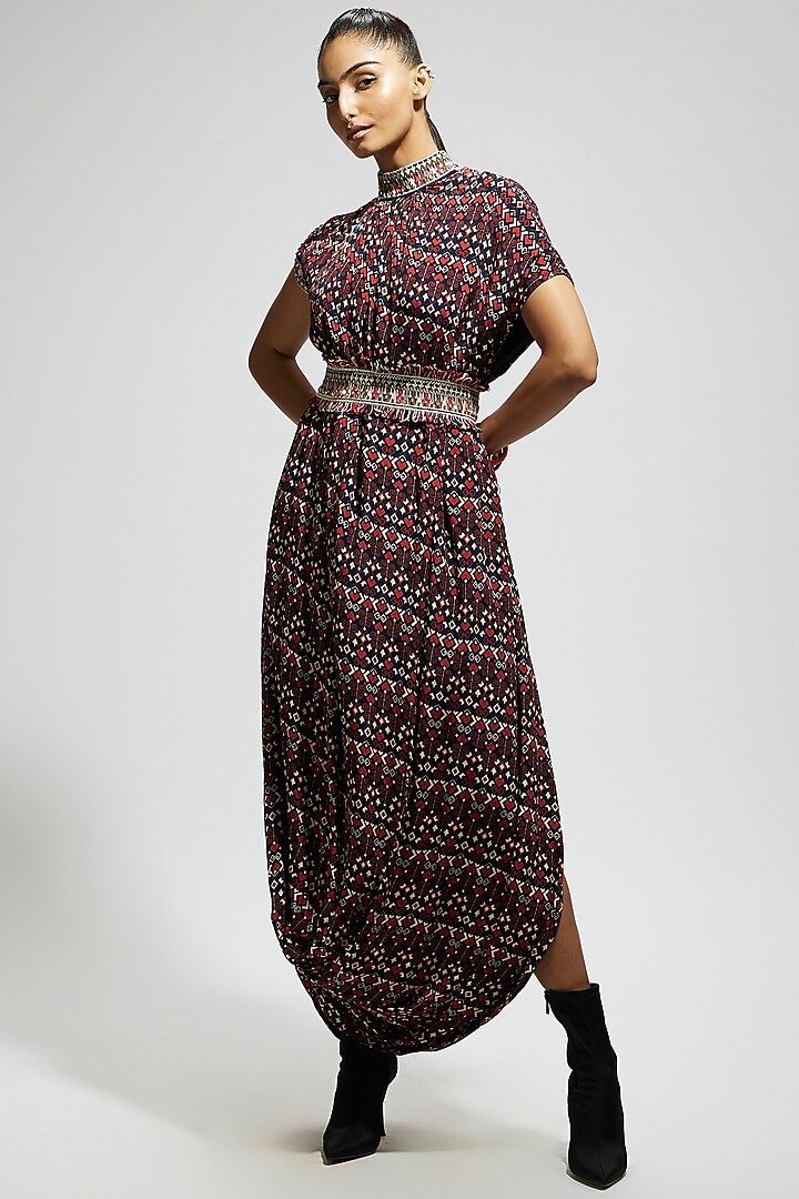 Blue Crepe Printed Cowl Draped Cocktail Dress With Belt by SVA BY SONAM & PARAS MODI at Pernia's Pop Up Shop