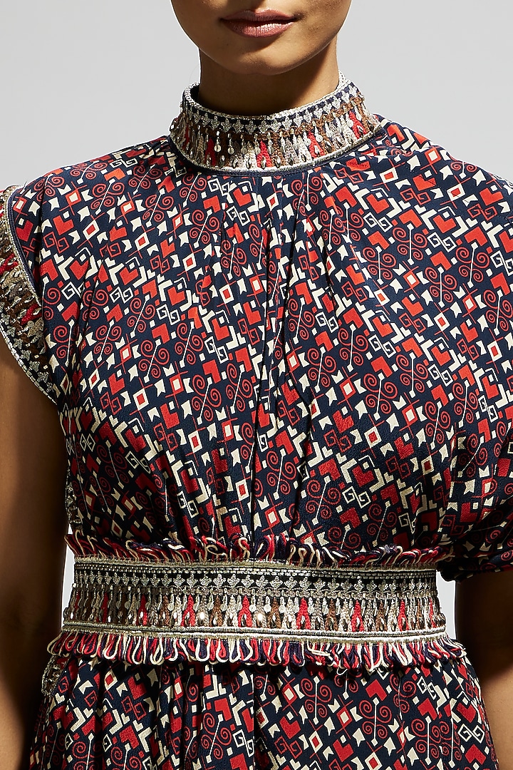 Blue Crepe Printed Cowl Draped Cocktail Dress With Belt by SVA BY SONAM & PARAS MODI at Pernia's Pop Up Shop