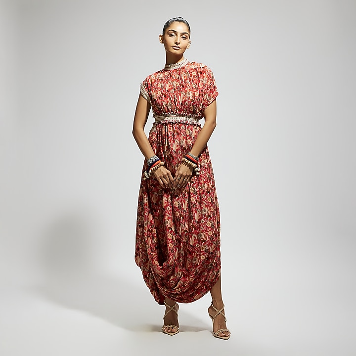 Orange Crepe Printed Cowl Draped Cocktail Dress With Belt by SVA BY SONAM & PARAS MODI at Pernia's Pop Up Shop