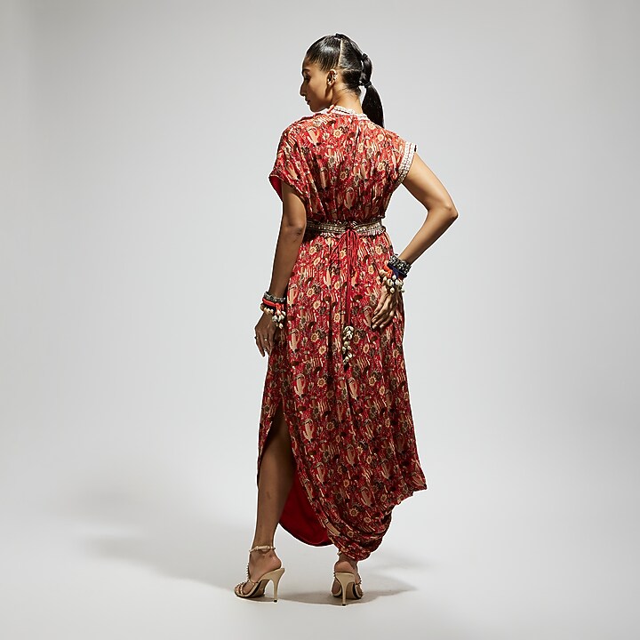 Orange Crepe Printed Cowl Draped Cocktail Dress With Belt by SVA BY SONAM & PARAS MODI at Pernia's Pop Up Shop