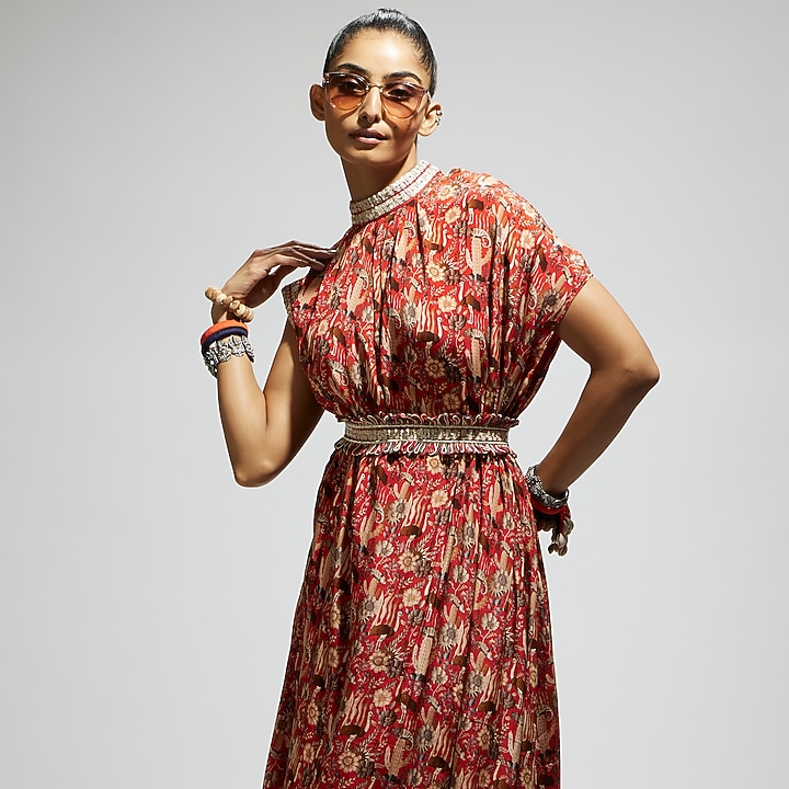 Orange Crepe Printed Cowl Draped Cocktail Dress With Belt by SVA BY SONAM & PARAS MODI at Pernia's Pop Up Shop