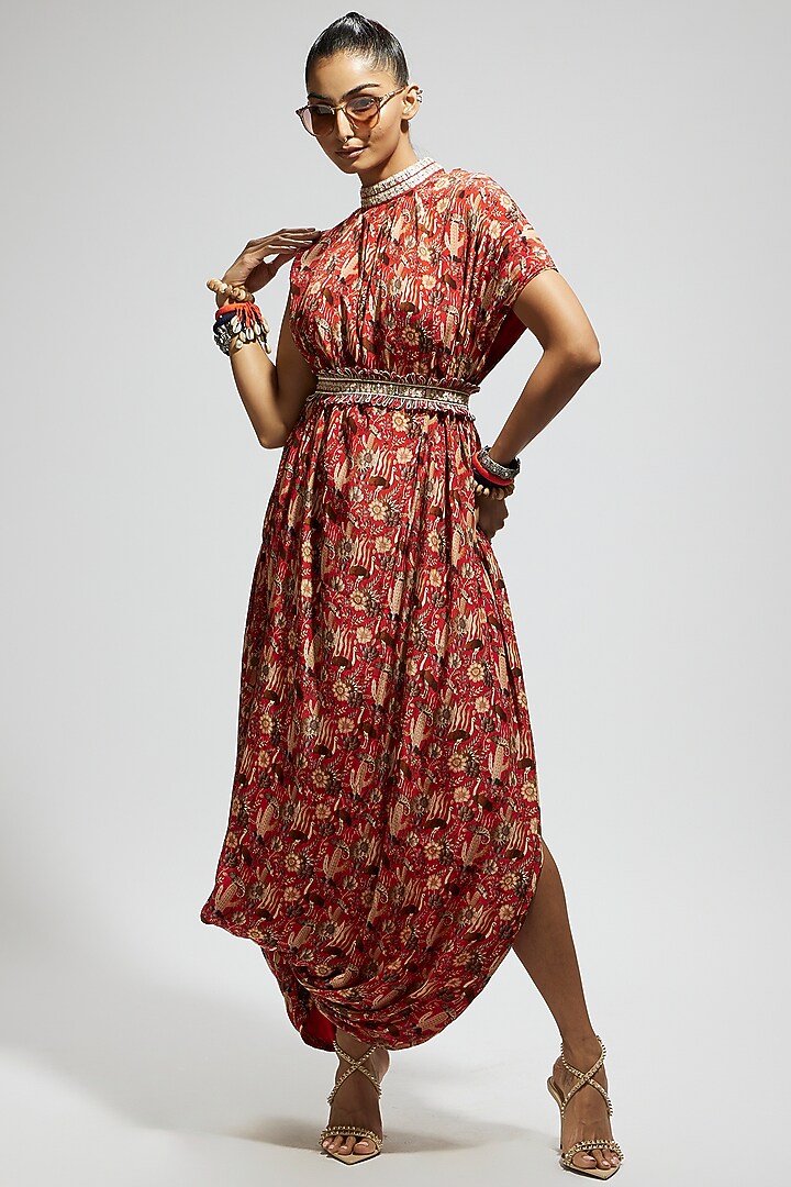 Orange Crepe Printed Cowl Draped Cocktail Dress With Belt by SVA BY SONAM & PARAS MODI at Pernia's Pop Up Shop
