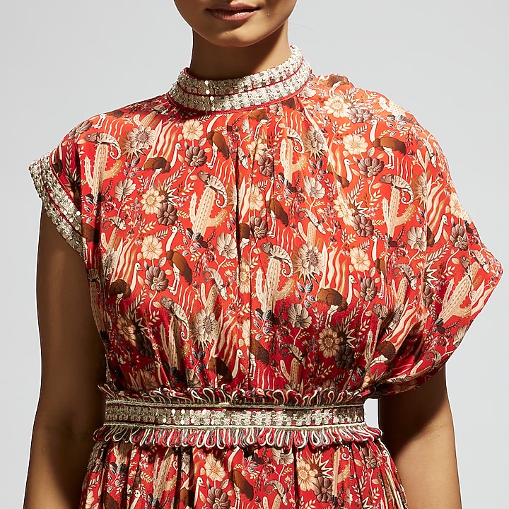 Orange Crepe Printed Cowl Draped Cocktail Dress With Belt by SVA BY SONAM & PARAS MODI at Pernia's Pop Up Shop