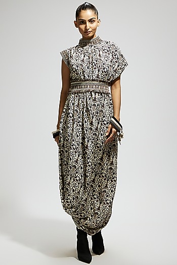 White Crepe Printed Cowl Draped Cocktail Dress With Belt by SVA BY SONAM & PARAS MODI at Pernia's Pop Up Shop