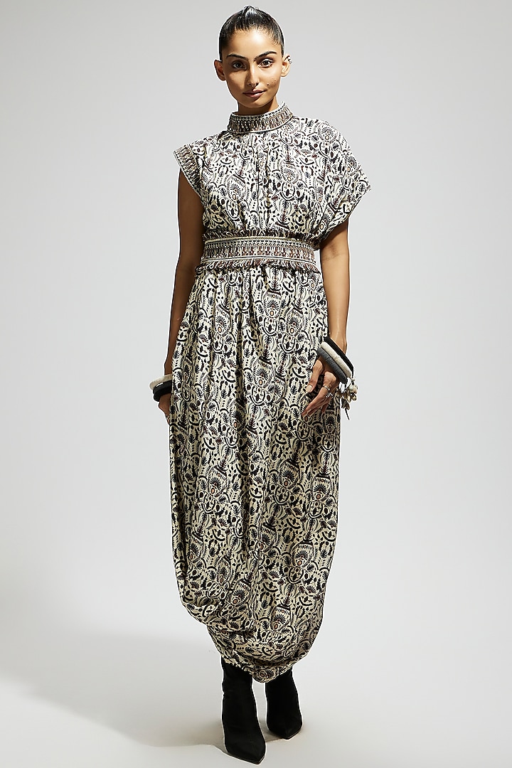 White Crepe Printed Cowl Draped Dress With Belt by Sva By Sonam & Paras Modi at Pernia's Pop Up Shop