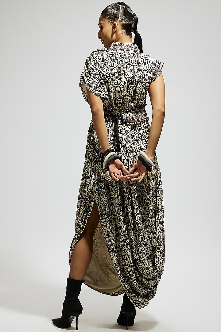 White Crepe Printed Cowl Draped Cocktail Dress With Belt by SVA BY SONAM & PARAS MODI at Pernia's Pop Up Shop