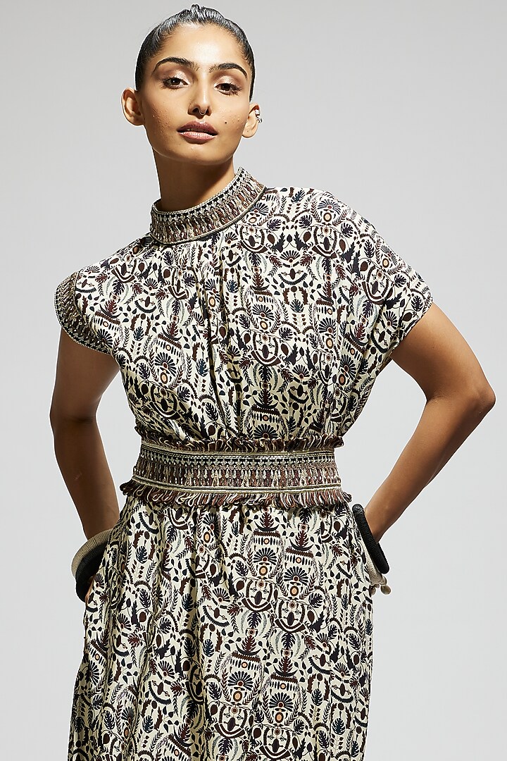 White Crepe Printed Cowl Draped Cocktail Dress With Belt by SVA BY SONAM & PARAS MODI at Pernia's Pop Up Shop