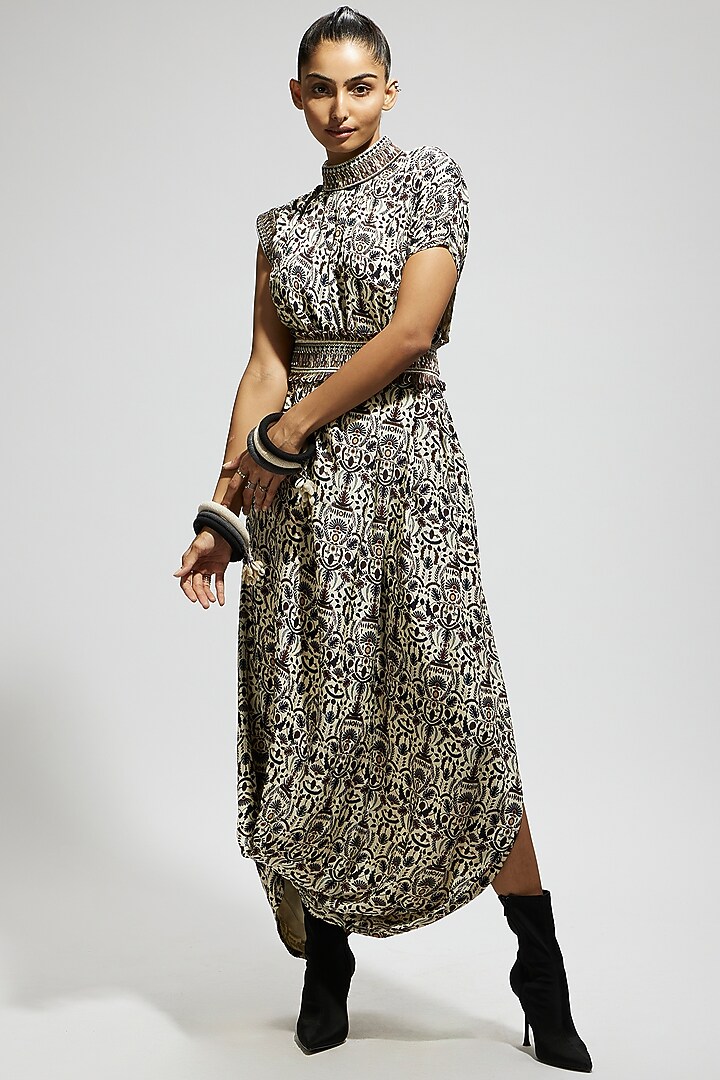 White Crepe Printed Cowl Draped Cocktail Dress With Belt by SVA BY SONAM & PARAS MODI at Pernia's Pop Up Shop