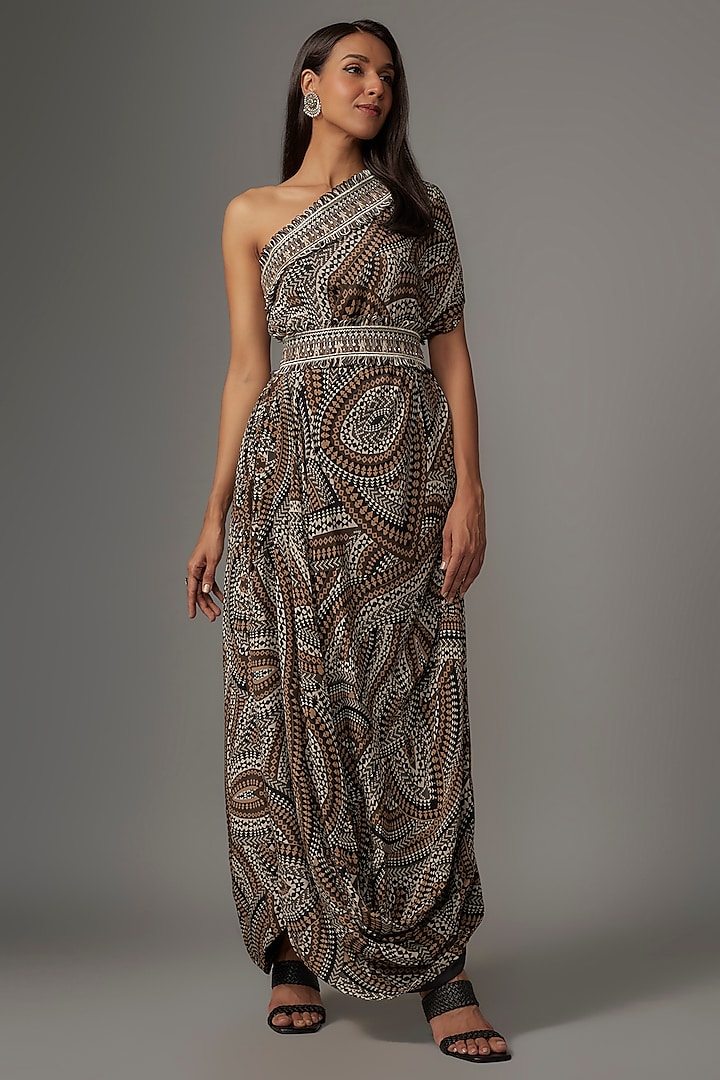 Brown Crepe Printed Cowl Dress With Belt by Sva By Sonam & Paras Modi at Pernia's Pop Up Shop