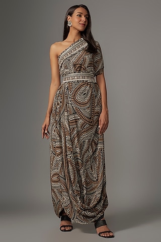 Brown Crepe Printed Cowl Dress With Belt by Sva By Sonam & Paras Modi