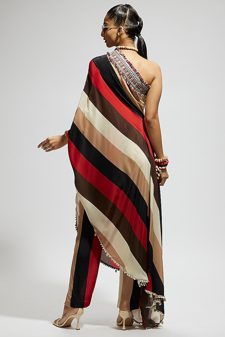 Orange Crepe Striped Printed Pant Wedding Saree Set by SVA BY SONAM & PARAS MODI at Pernia's Pop Up Shop