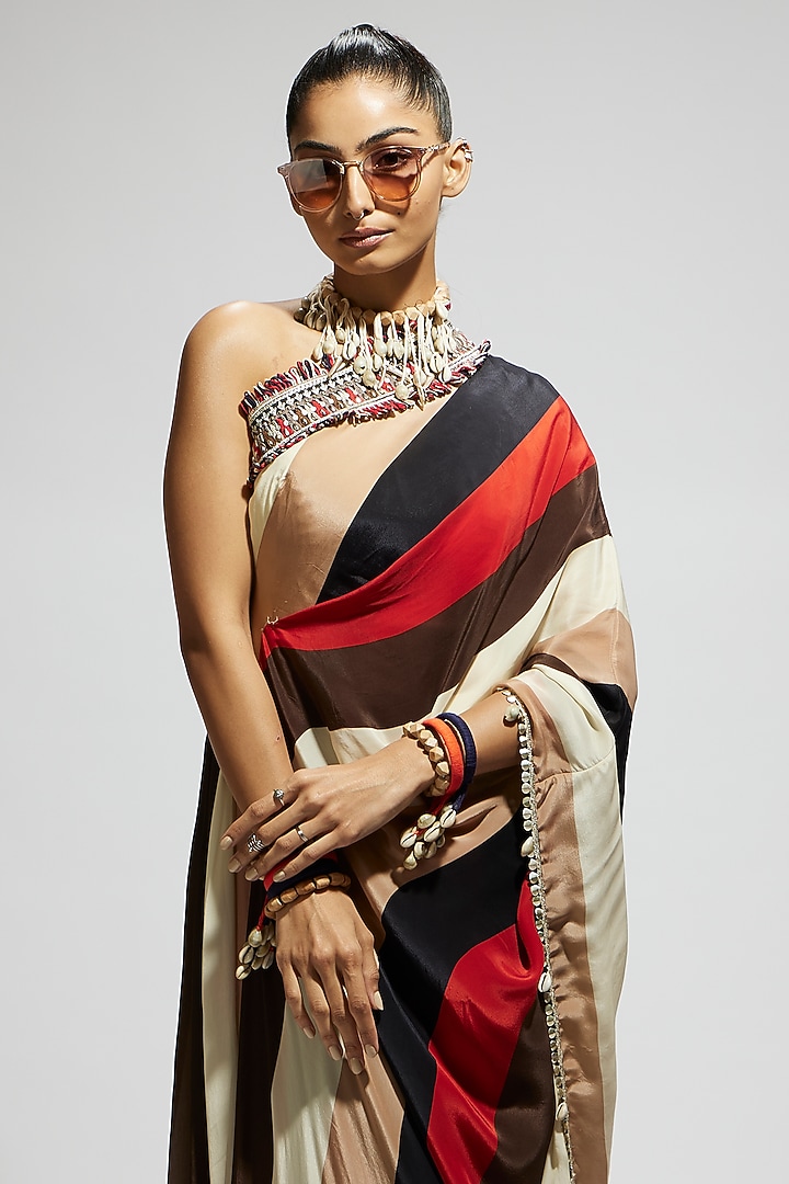 Orange Crepe Striped Printed Pant Wedding Saree Set by SVA BY SONAM & PARAS MODI at Pernia's Pop Up Shop