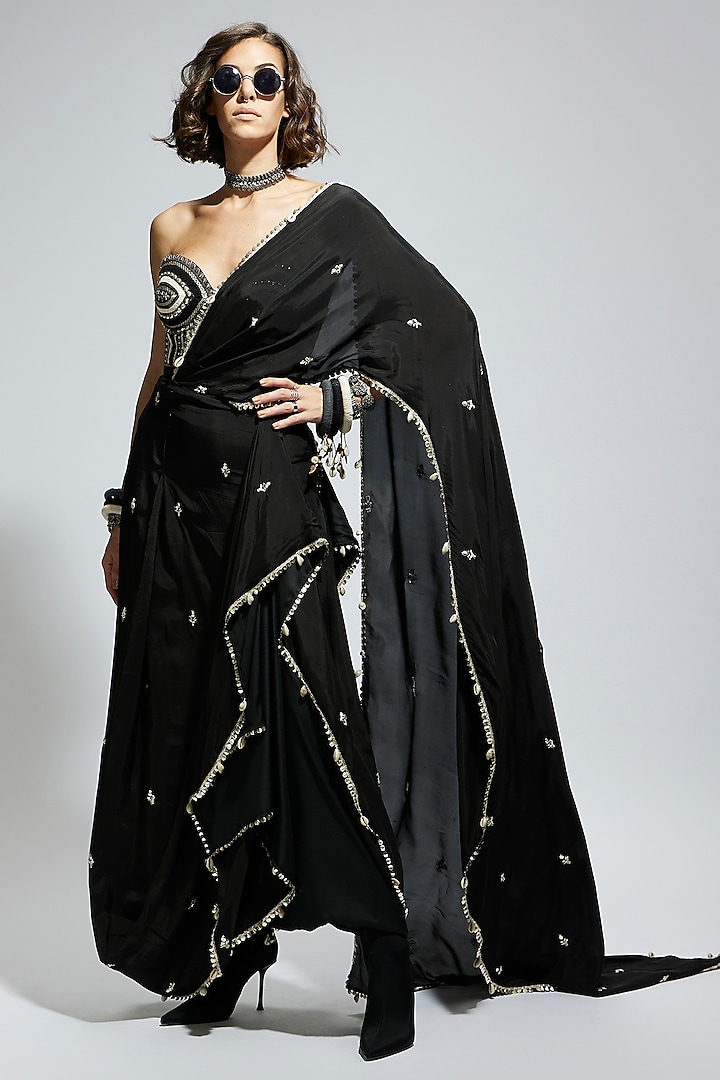 Black Silk Draped Skirt Saree Set by SVA BY SONAM & PARAS MODI at Pernia's Pop Up Shop