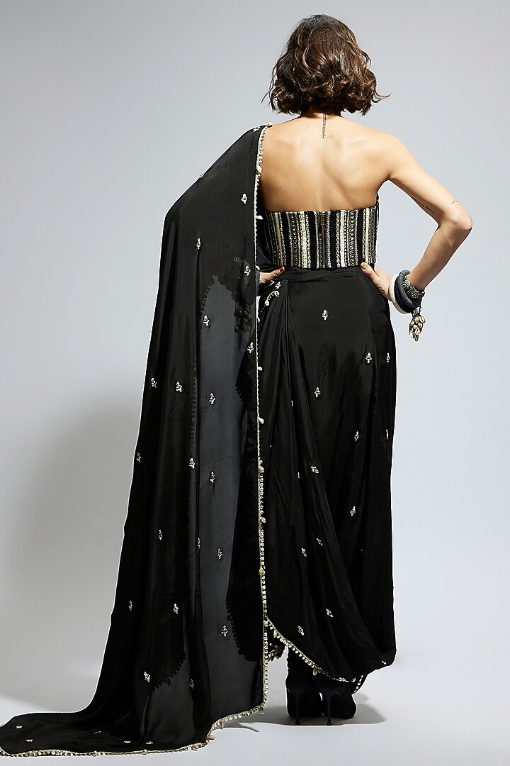 Black Silk Draped Skirt Saree Set by SVA BY SONAM & PARAS MODI at Pernia's Pop Up Shop