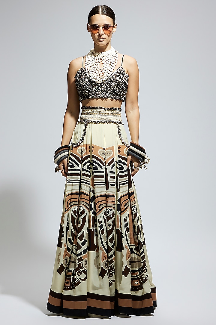 Ivory & Black Crepe Printed Box Pleated Skirt Set by SVA BY SONAM & PARAS MODI at Pernia's Pop Up Shop