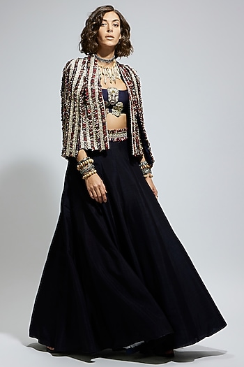 Black Silk Textured Jacket Wedding Lehenga Set by SVA BY SONAM & PARAS MODI at Pernia's Pop Up Shop