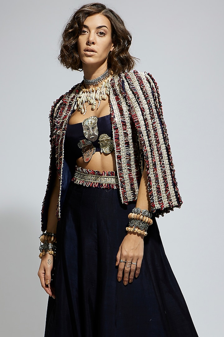 Black Silk Textured Jacket Wedding Lehenga Set by SVA BY SONAM & PARAS MODI at Pernia's Pop Up Shop