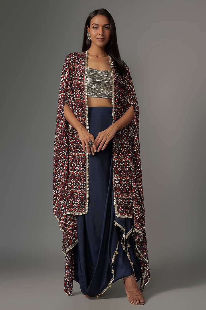 Blue Crepe Geometric Printed Cape Set by Sva By Sonam & Paras Modi at Pernia's Pop Up Shop