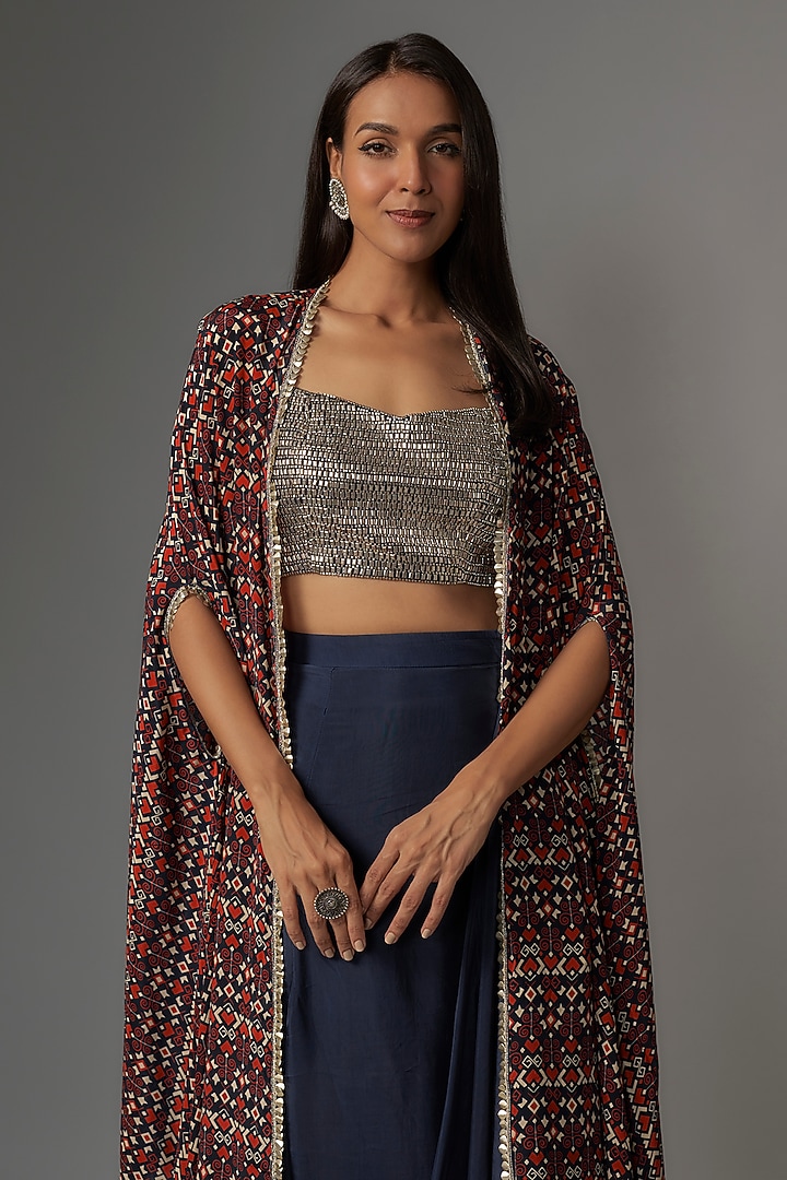Blue Crepe Geometric Printed Cape Set by Sva By Sonam & Paras Modi at Pernia's Pop Up Shop