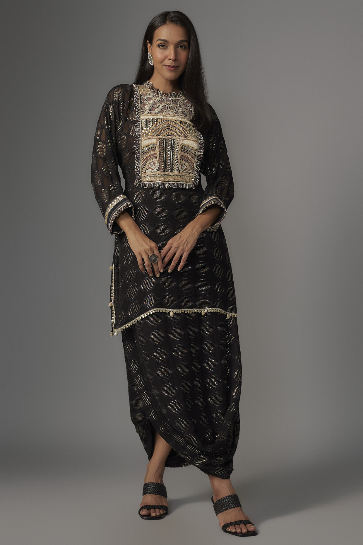 Black Silk Aztec Printed Tunic Set by Sva By Sonam & Paras Modi at Pernia's Pop Up Shop