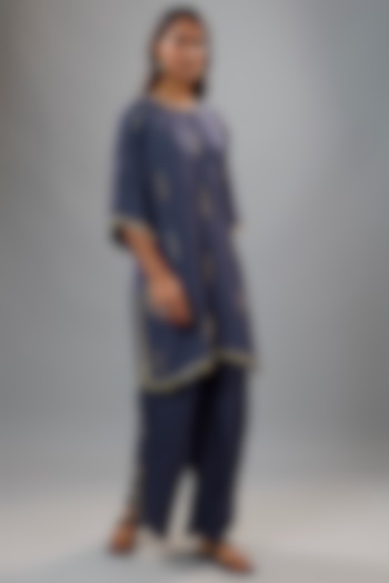 Blue Silk Feather Embroidered Tunic Set by SVA BY SONAM & PARAS MODI at Pernia's Pop Up Shop