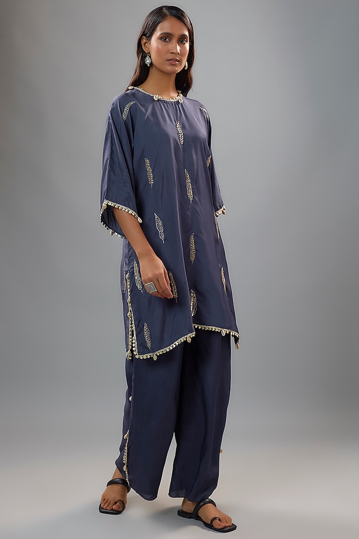 Blue Silk Feather Embroidered Tunic Set by SVA BY SONAM & PARAS MODI at Pernia's Pop Up Shop
