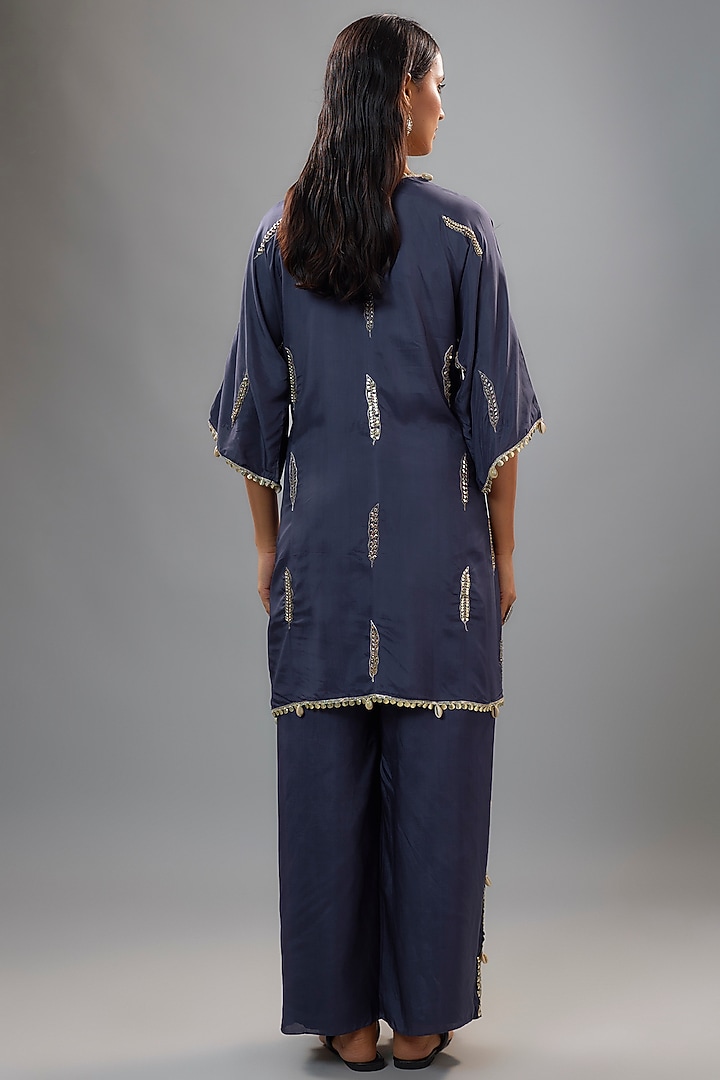 Blue Silk Feather Embroidered Tunic Set by SVA BY SONAM & PARAS MODI at Pernia's Pop Up Shop
