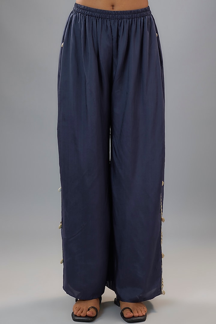 Blue Silk Feather Embroidered Tunic Set by SVA BY SONAM & PARAS MODI at Pernia's Pop Up Shop