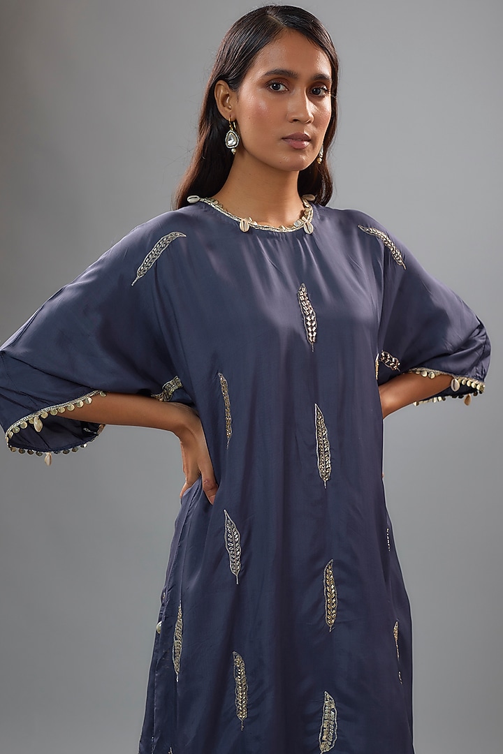 Blue Silk Feather Embroidered Tunic Set by SVA BY SONAM & PARAS MODI at Pernia's Pop Up Shop
