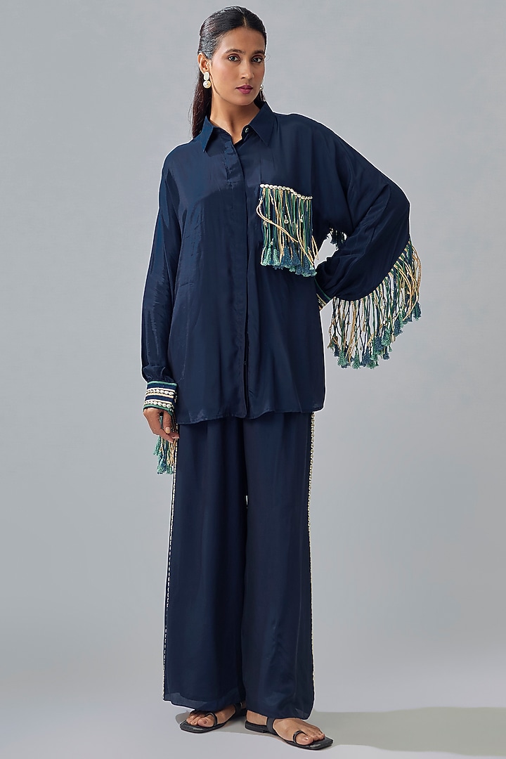 Midnight Blue Crepe Co-Ord Set by SVA BY SONAM & PARAS MODI at Pernia's Pop Up Shop