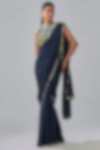 Midnight Blue Crepe Embroidered Wedding Saree Set by SVA BY SONAM & PARAS MODI at Pernia's Pop Up Shop