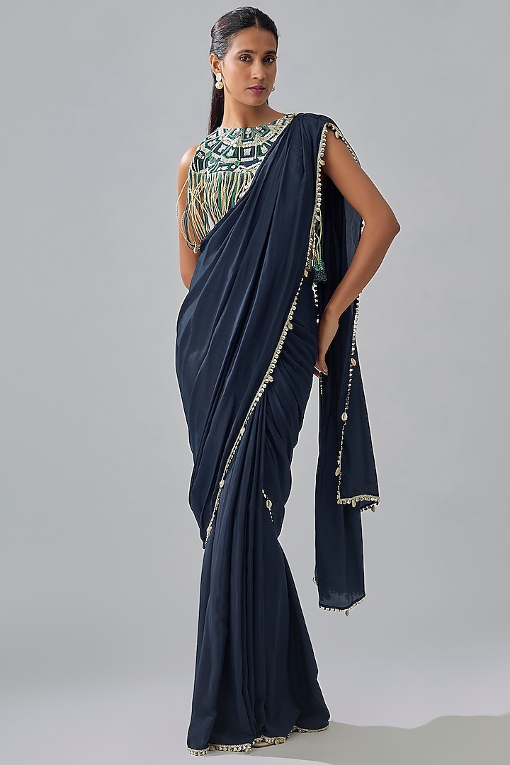 Midnight Blue Crepe Embroidered Wedding Saree Set by SVA BY SONAM & PARAS MODI at Pernia's Pop Up Shop