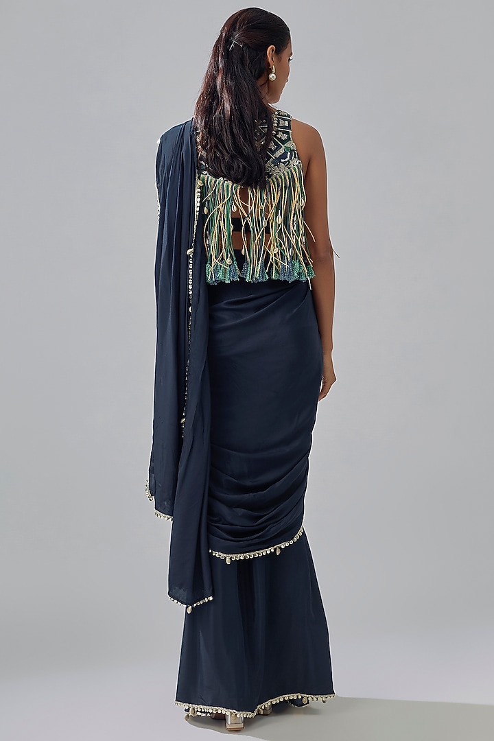 Midnight Blue Crepe Embroidered Wedding Saree Set by SVA BY SONAM & PARAS MODI at Pernia's Pop Up Shop